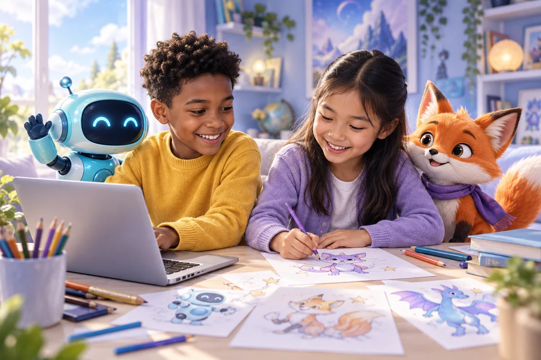 An imagined scene of children creating beside a friendly robot and fox