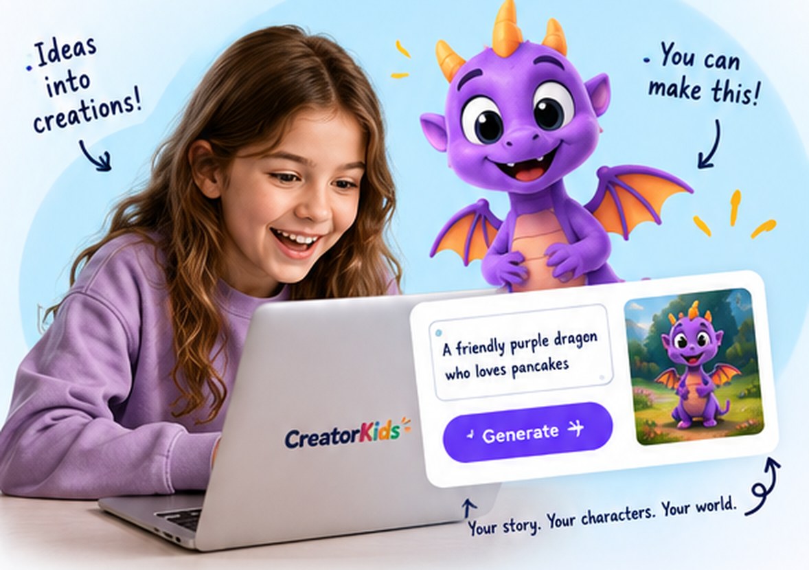 A delighted child creating beside a friendly purple dragon, with a character idea on her laptop